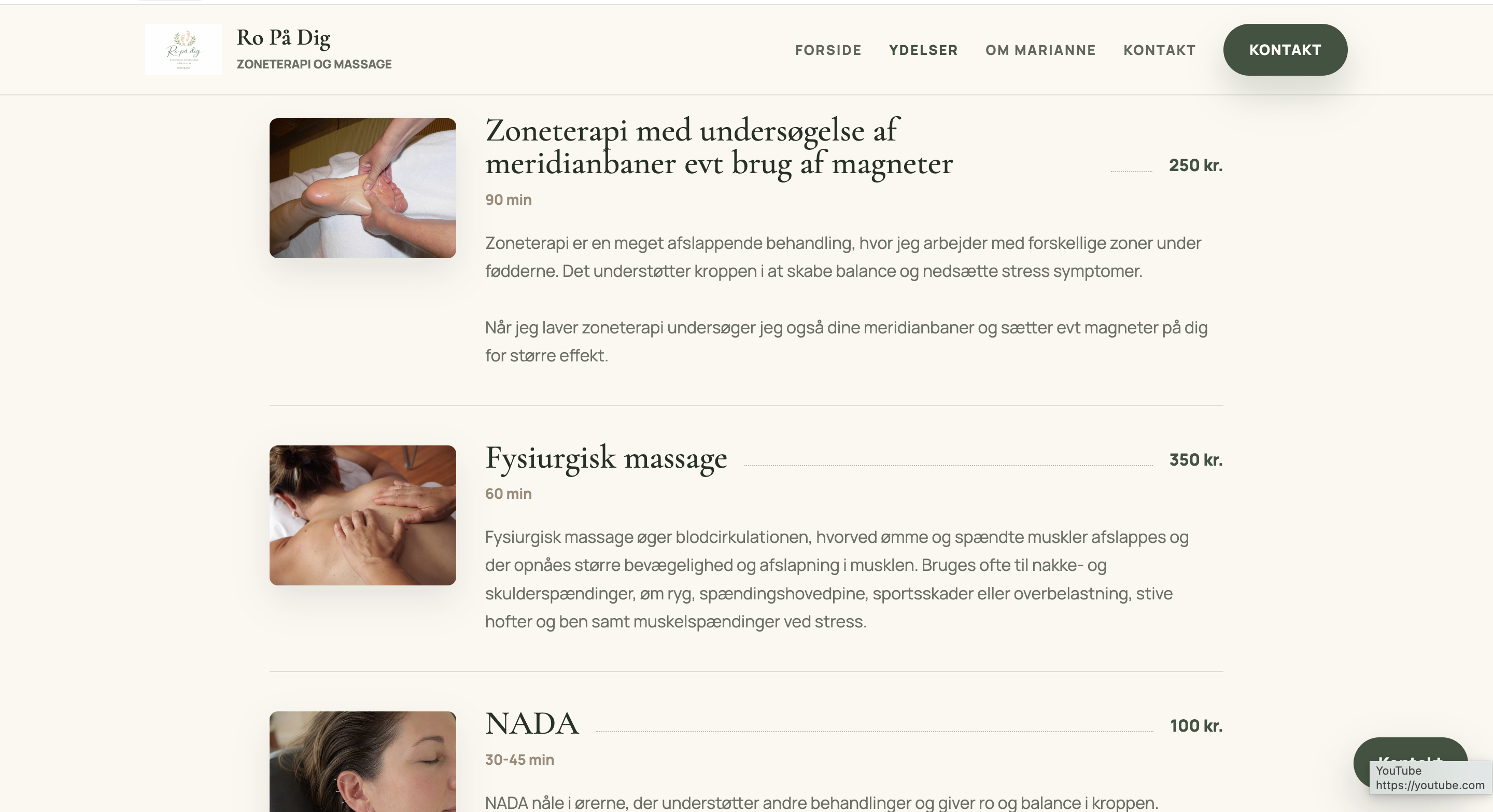 Ro På Digs hjemmeside på desktop med ydelser og priser – zoneterapi, fysiurgisk massage og NADA