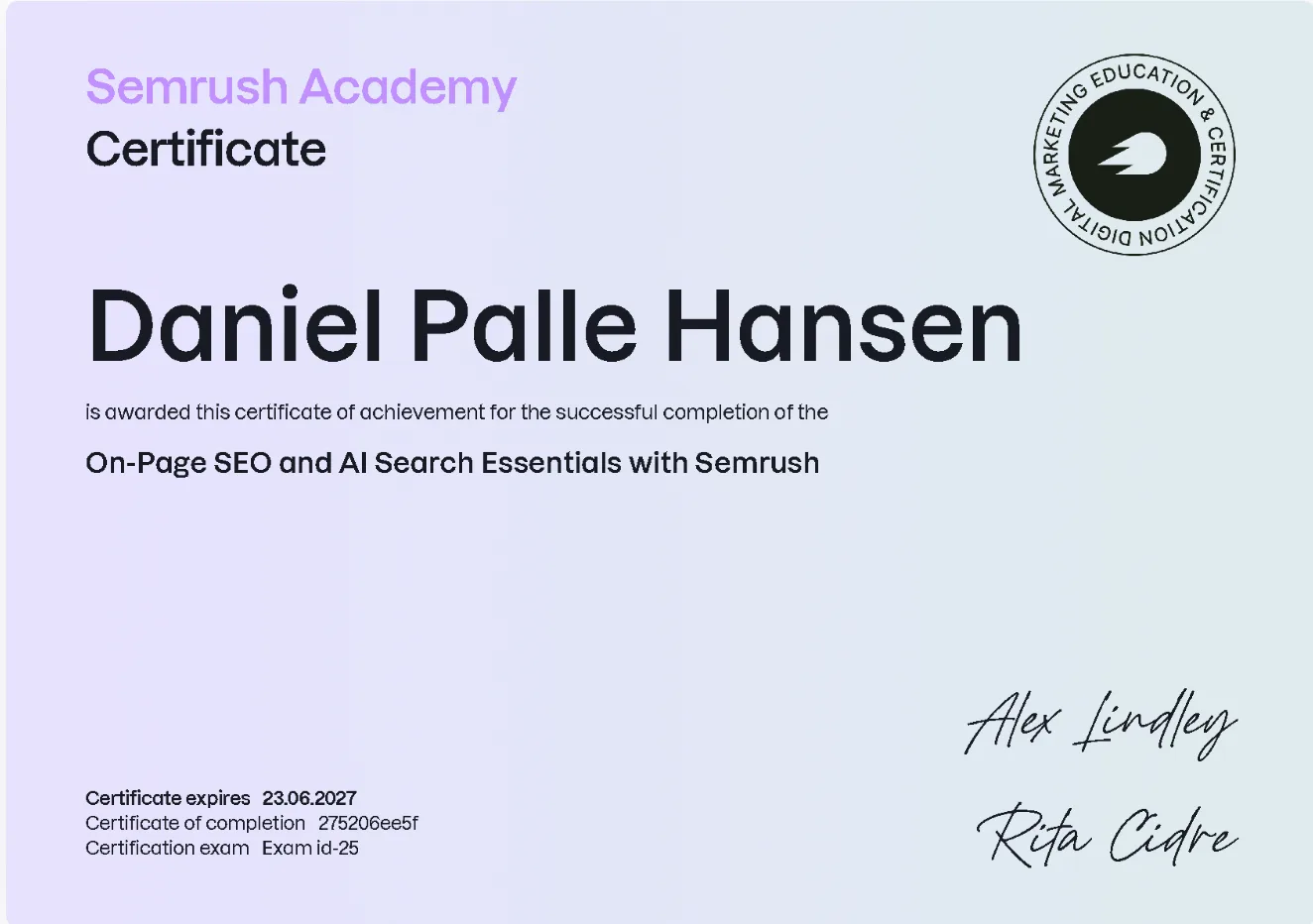 Semrush Academy-certifikat: On-Page SEO and AI Search Essentials