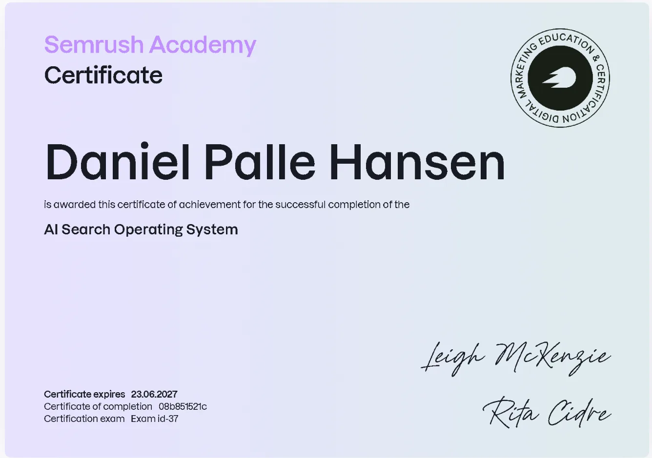 Semrush Academy-certifikat: AI Search Operating System