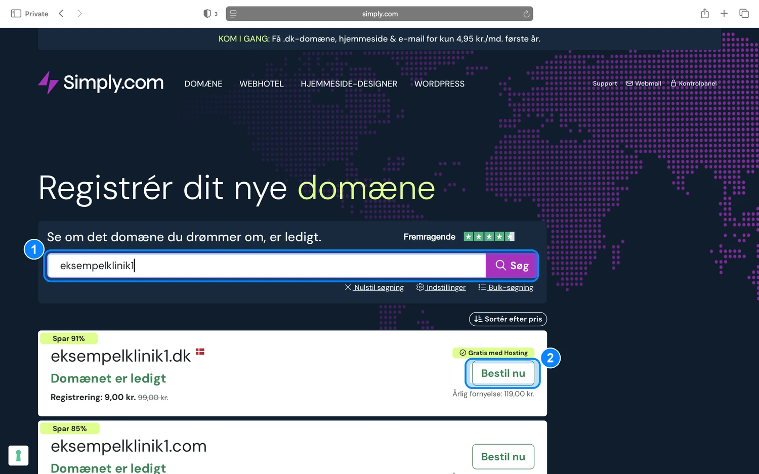 Simply.com domænesøgning med søgefelt og Bestil nu-knap markeret
