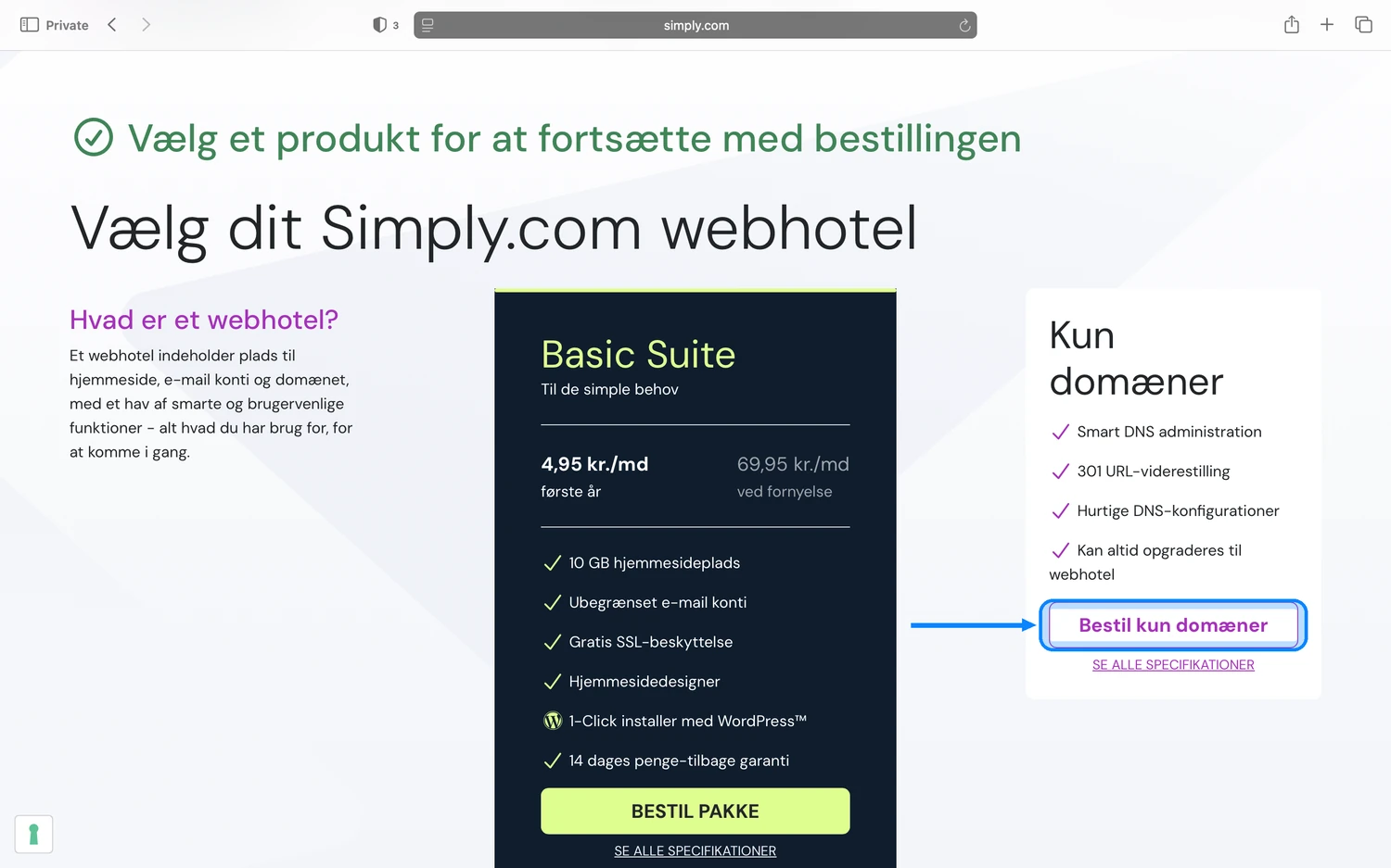 Simply.com produktvalg med Bestil kun domæner markeret