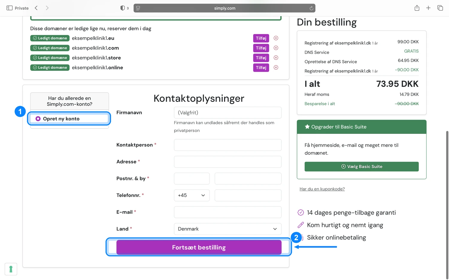 Simply.com kontaktoplysninger med Opret ny konto og Fortsæt bestilling markeret