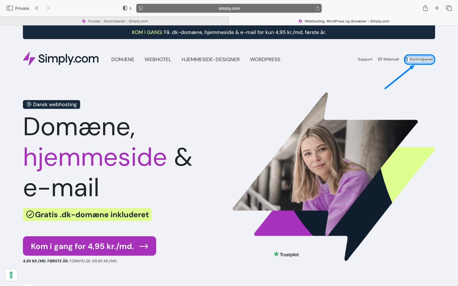 Simply.com forside med Kontrolpanel markeret i toppen