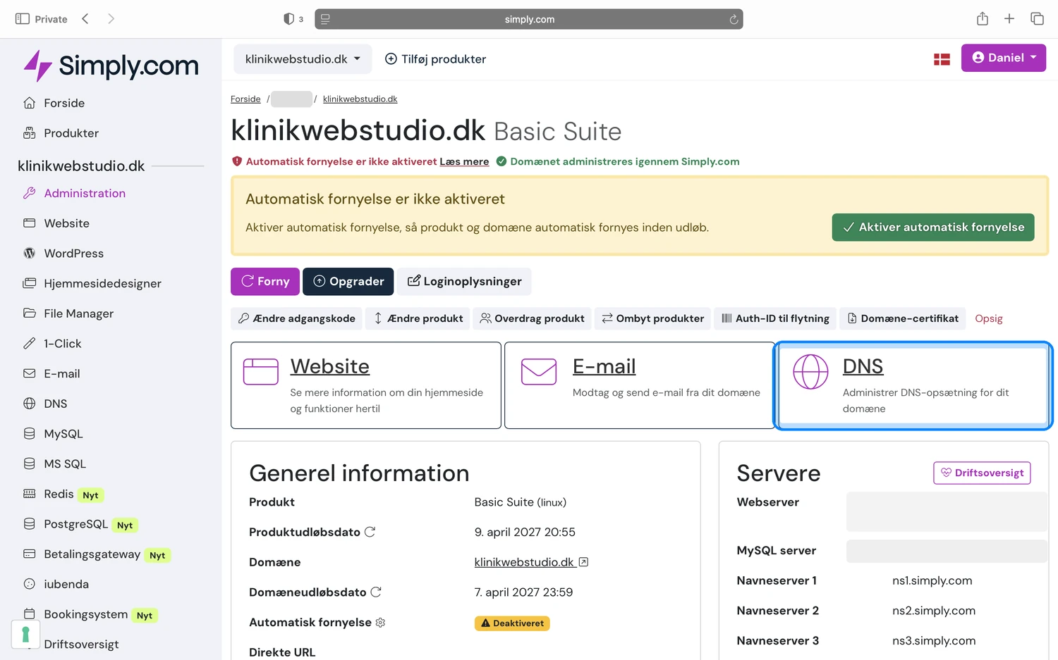 Simply.com produktoversigt med DNS-kortet markeret