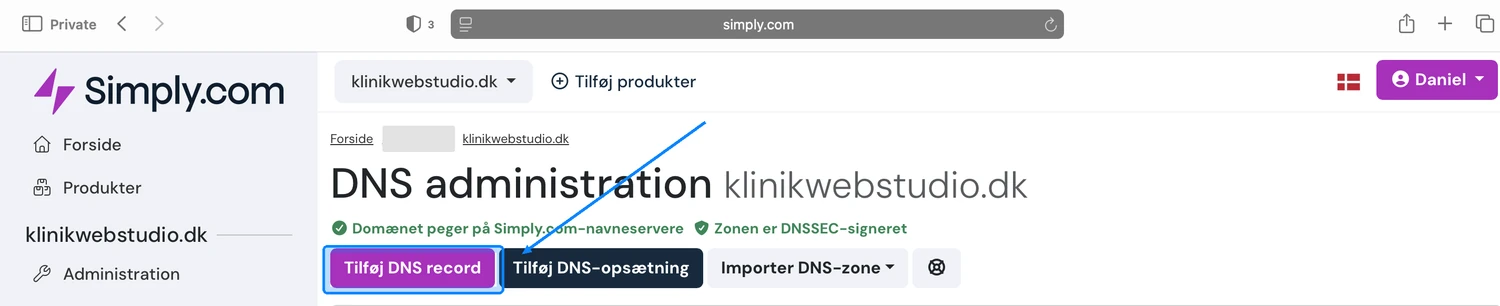 Simply.com DNS-administration med Tilføj DNS record markeret