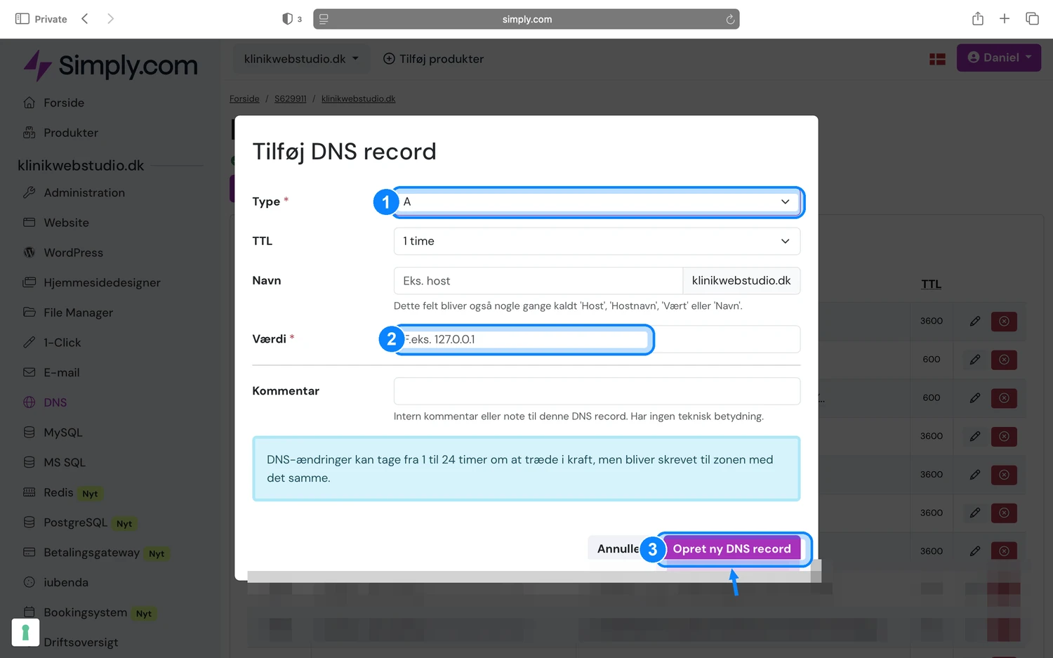 Simply.com Tilføj DNS record med Type A, Værdi og Opret-knap markeret