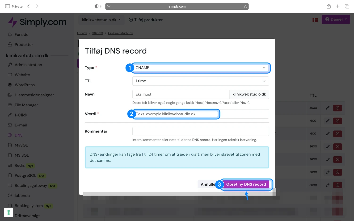 Simply.com Tilføj DNS record med Type CNAME, Værdi og Opret-knap markeret